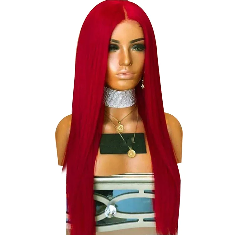 

Fashion Women Long Red Silky Straight Synthetic Hair Wig African American Cosplay Faux Human Hair Lace Front Wigs