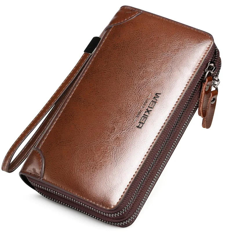 

wholesale classic leather men clutch bag oil wax surface long zipper wallet for men, Black brown khaki