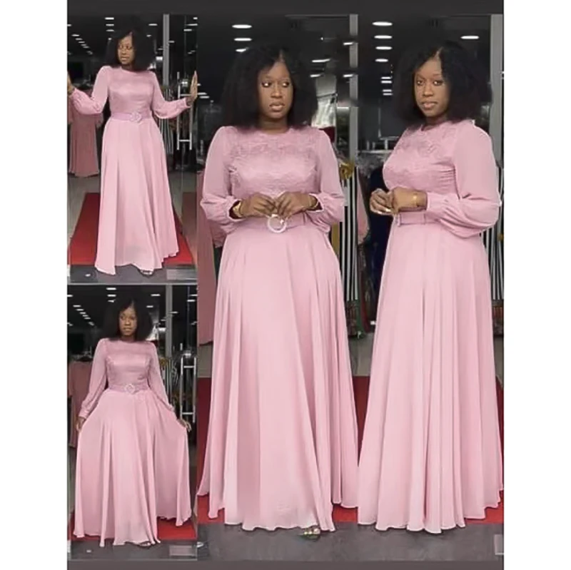 

2021 hot seller African Spring And Summer elegant Dress With Belt Chiffon Muslim Women's Dress Large Size Swing Skirt