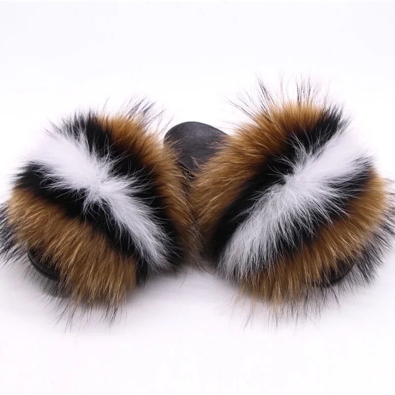 

Itec wholesale 1 pair custom logo fluffy real fox raccoon fur woman slipper furry fur slides for women, Pink,yellow,white,black,green,or custom