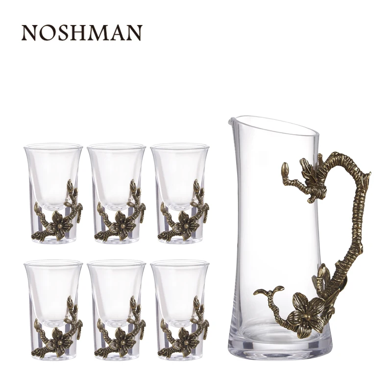 

NOSHMAN Bronzed Flower Crystal Liquor Spirits Decanter Shot Wine Glass Cup Set Vodka Mini Wine Cup Holder Bar Set copa de vino, As shown in the picture