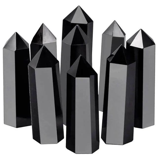 

Wholesale natural carved black obsidian wand point towers crystal healing stones for decor