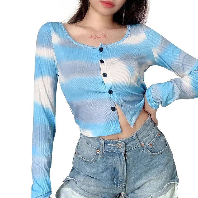 

Sweet girlhood casual tie dyed long sleeves knitted crop tops buttons cardigan de mujer knitwear sweater women cardigans