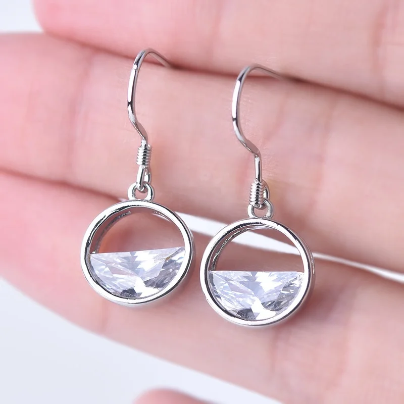 

One-half Cut Design Earring Pendant Circle Zircon Drop Earring Silver Plated with Hook Glitter Dangler for Women