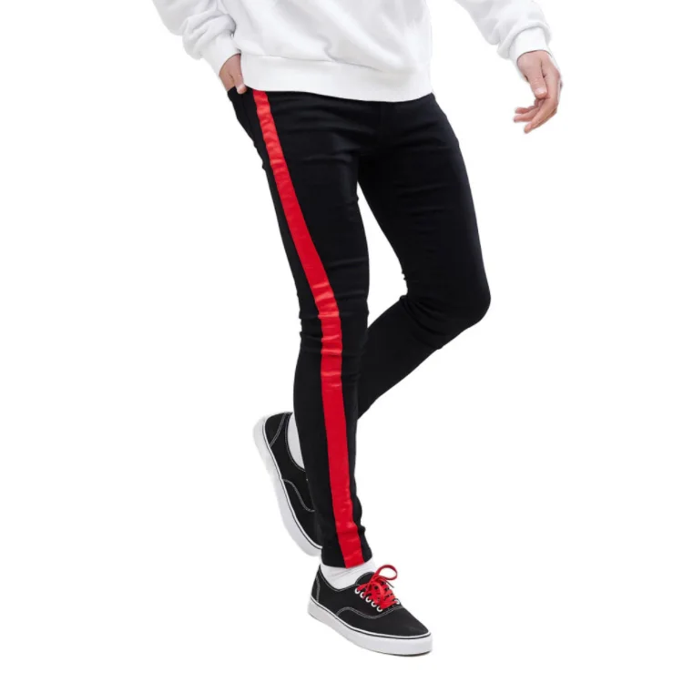 

New Men Hot sale Slim fit Side stripe High elasticity Biker jeans black Running pants personality Fitness trousers, Picture color