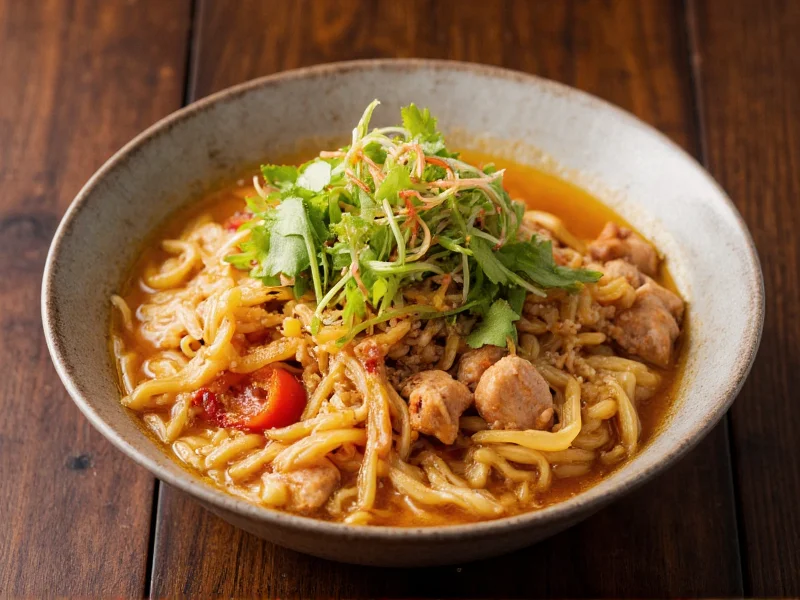 Finished chicken ramen bowl with colorful toppings