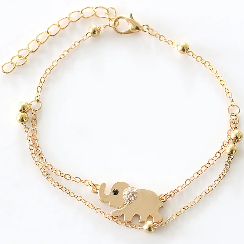 

2021 Hot Sale High Quality Gold Plated Double Layer Titanium Stainless Steel Elephant Charms Anklet Bracelet For Women Jewelry