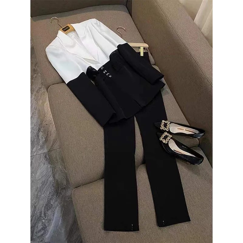 

2022 New Trendy Popular Office Wear Patchwork 2 piece Blazer Clothing Ladies Formal Suits Pants Business Women Suit Sets