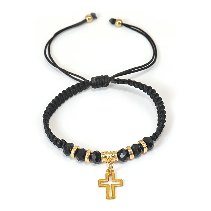 

Size adjustable colorful gold plated alloy stone handmade weave rope religious cross bracelet