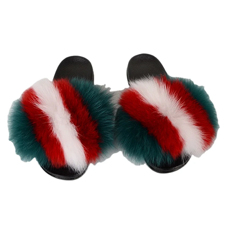 

Women sandals 2020 Furry sandals rainbow set real fox jelly purse and matching fur Slide Vendors shoes women raccoon fur slides