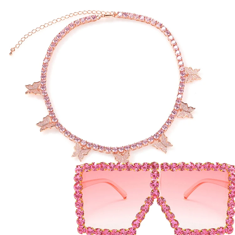 

GZYS JEWELRY Hot Selling 2021 Matching Sunglasses Set Women Necklace Chain Butterfly Tennis Choker Iced Out Jewelry Set