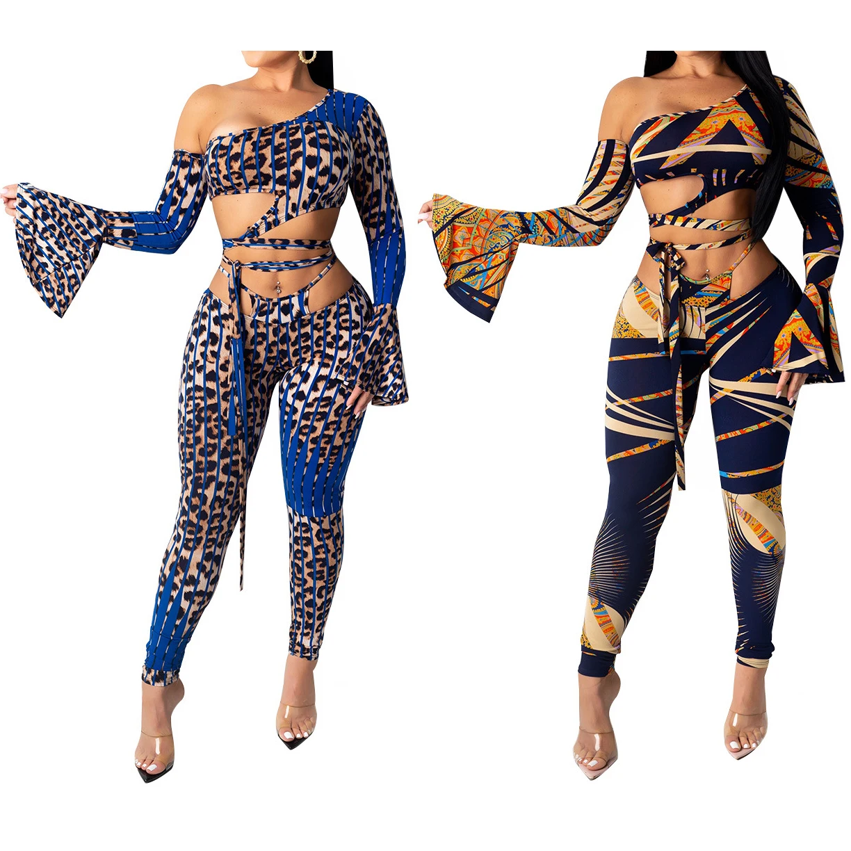 

S1619D women long sleeve Fashion print tops and pants Two Piece Sets clothes