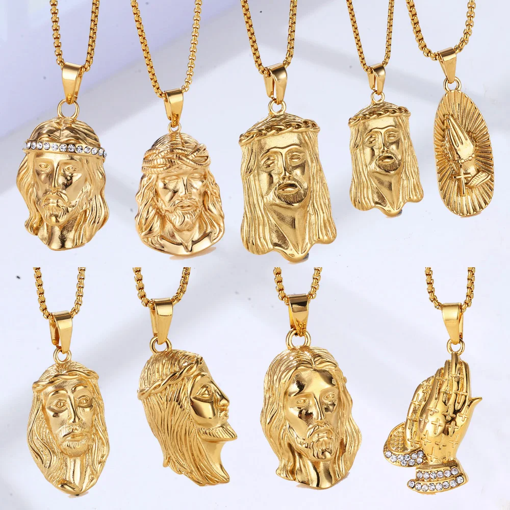 

Vintage Men Gold Religious Praying Hand Jesus Piece Pendant Custom Logo Jewelry Stainless Steel Lion Compass Medusa Necklace
