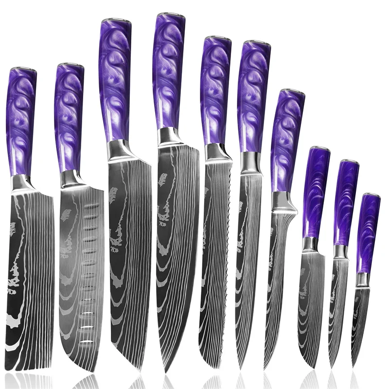 

10 pieces carbon steel kitchen chef santoku sciling bread cleaver butcher utility paring knife set with colour resin handle