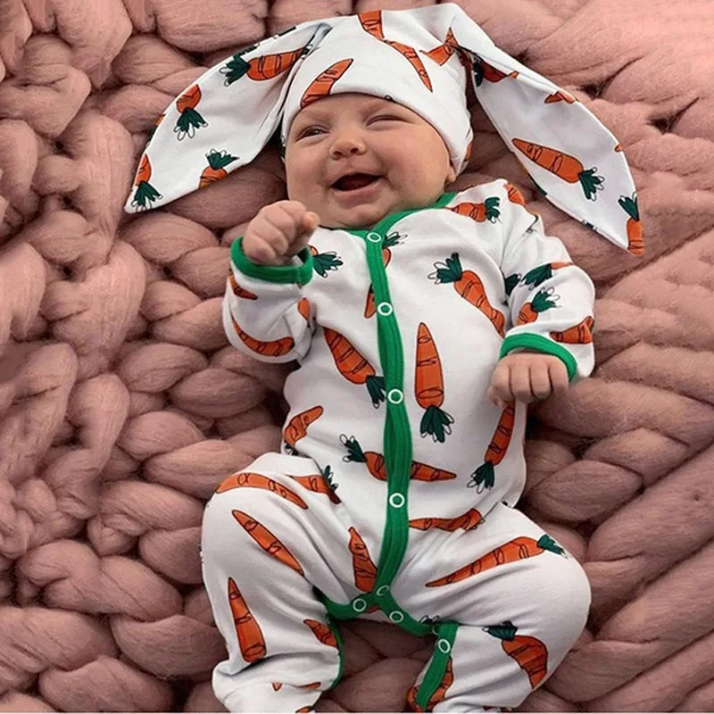 

Easter Baby Romper Long Sleeve Cartoon Carrot Romper Easter Kids Clothes Rabbit Ears Hat Kids Baby Easter Romper Outfit, As picture