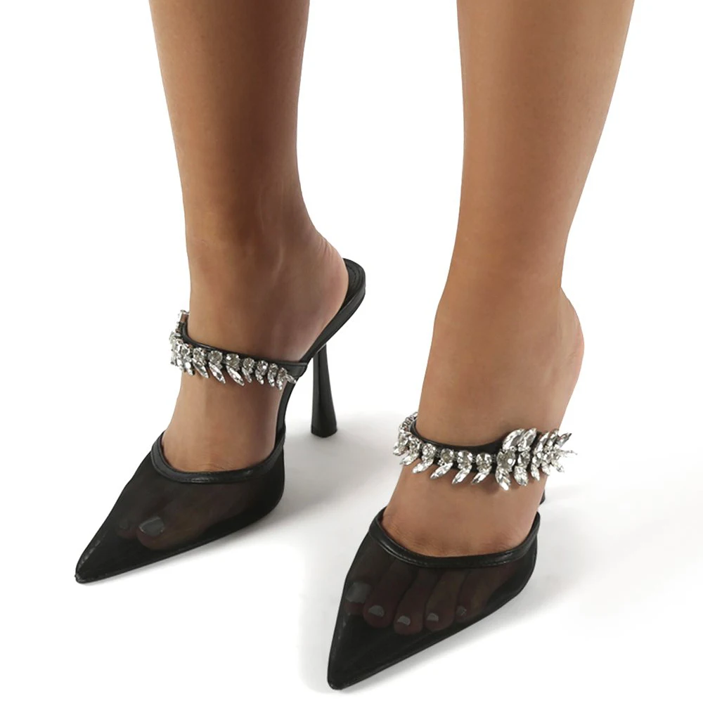 

Rhinestone Buckle Black Mesh Ladies Mules High Heel Slippers Shoes Trendy Mules Shoes Women Heels Ladies Slippers Heels