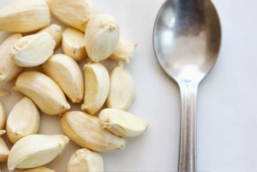 Garlic clove size comparison showing small medium and large cloves next to teaspoon measurements