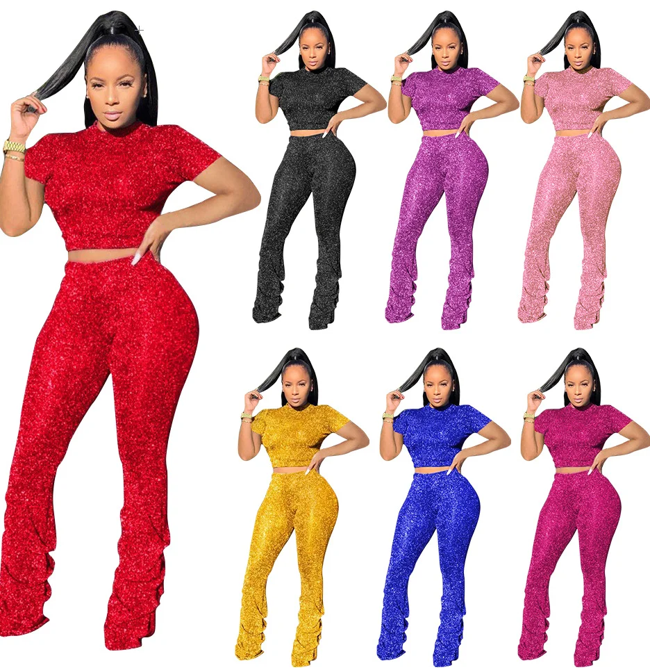 

Summer Hot Sale Outfits Street Clothes Womens Short Sleeve Crop Top Stacked Pants Wide Leg Women Clothing 2 Two Piece Pants Sets, Picture