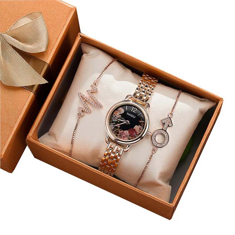 

Golden Flower Retro Ladies Quartz Watch Gift Box 3 Piece Set Rose Gold Exquisite Watch Gift Set