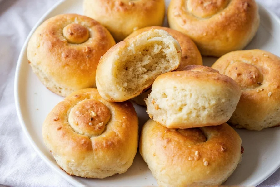Close-up of golden brown cardamom buns with visible spiral layers and cardamom sugar topping on wooden baking sheet