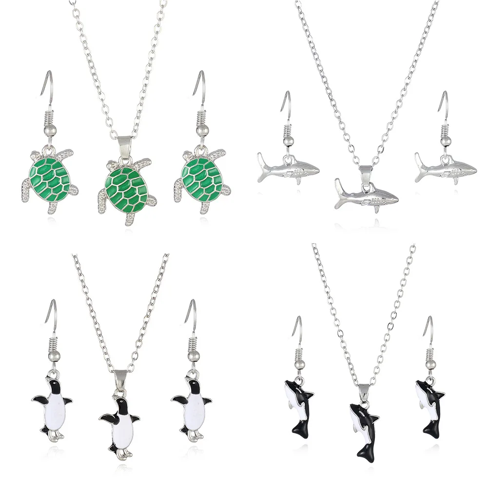

Creative Sea Star Dolphin Sea Animal Necklace Drop Earrings Jewelry Set Dripping Oil Sea Turtle Pendant Necklace Earrings Set