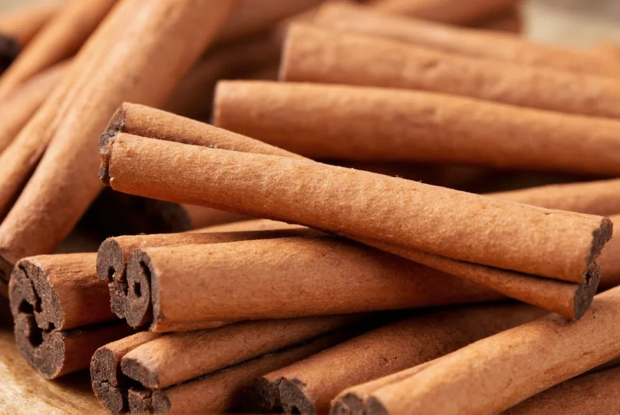 Close-up view of Indonesian cinnamon quills showing thick, rough texture and reddish-brown color against tropical forest background