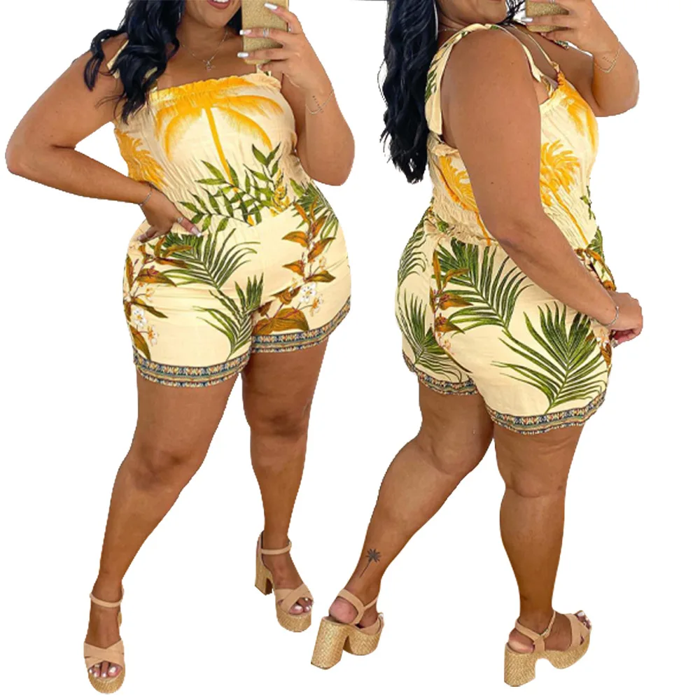 

Elastic Thread Floral Print Hot Shorts Summer Playsuit Beach Wear Ladies Strap Plus Size Casual Jumpsuits 5xl, Beige