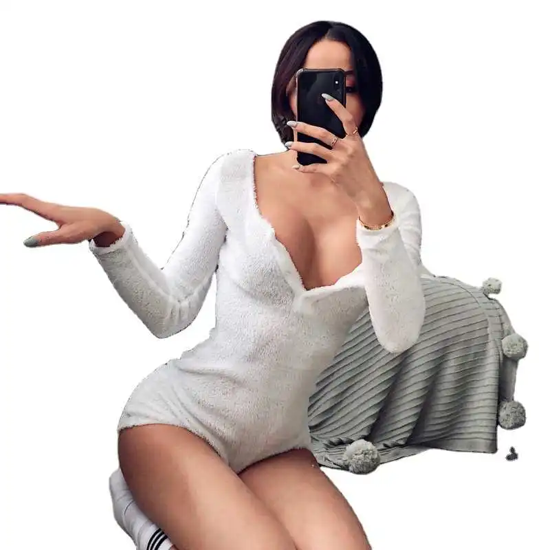 

one-piece women's sexy buttons solid color velvet bottom shirt women, Picture