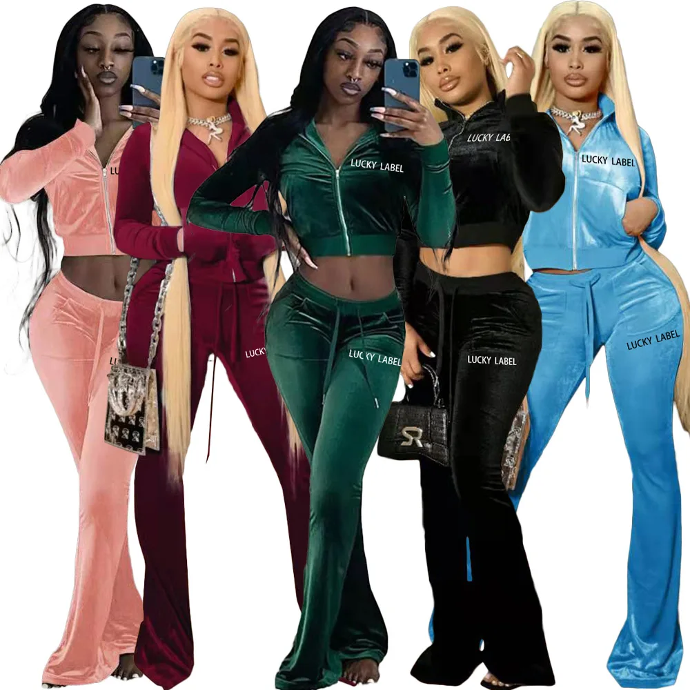 

fall winter clothing lucky label velour sweatsuit velvet tracksuit crop top 2 two piece flare pants set outfits for women 2021, Wine red,dark green, black,pink,sky blue