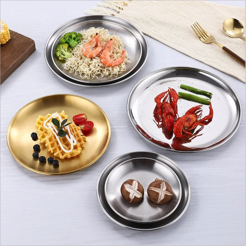 

6 Pcs/Set Dinner Plate Set Home&Restaurant Korean Style Stainless Steel Barbecue Plate Stainless Steel Tray, Stainless steel and electroplated gold