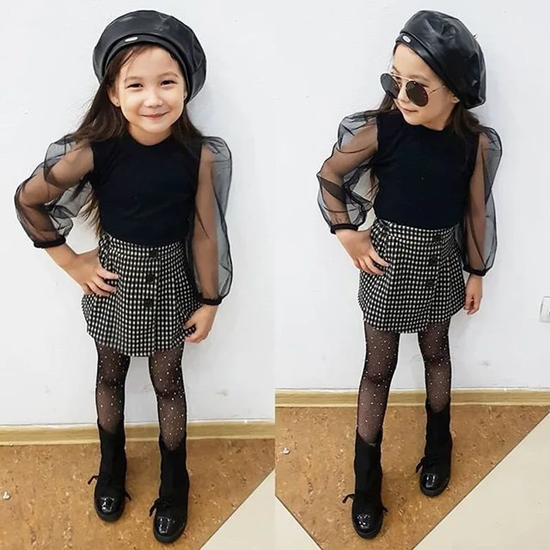 

New fashion Toddler Girl Clothing set solid ruffles tulle sleeve blouse and plaid skirt set clothing for kids, Picture shows