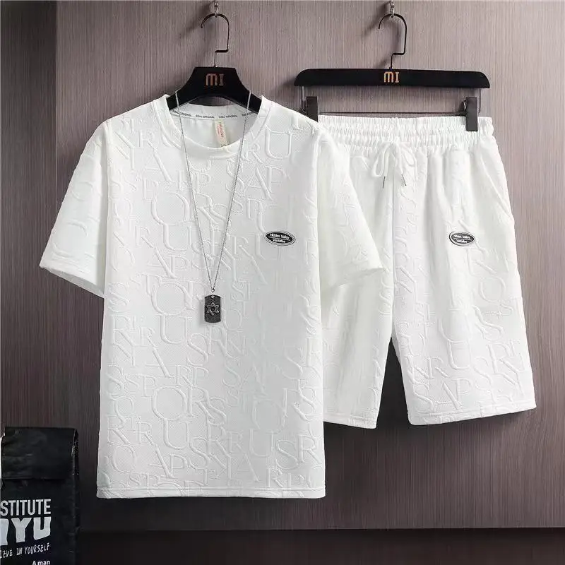 

Summer Tshirt Shorts 2 Pieces Set White Tracksuit Men's 3d Letters Vintage Streetwear Creative Pattern Men Sets Short Outfits