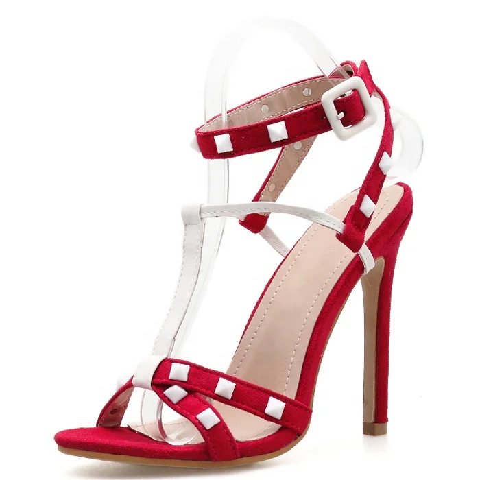 

Women T-strap Red Sandals High Thin Heel Gladiator Lady Party Dress Shoes White Rivets Studs Stiletto Shoes Women