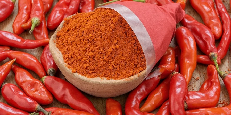 A colorful jar of chili powder on a rustic wooden table