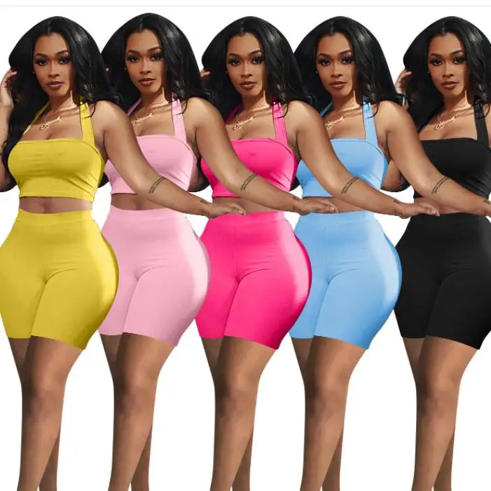 

Q7043-2021 fashion trends women solid color halterneck joggers set women short sets two piece set, Picture