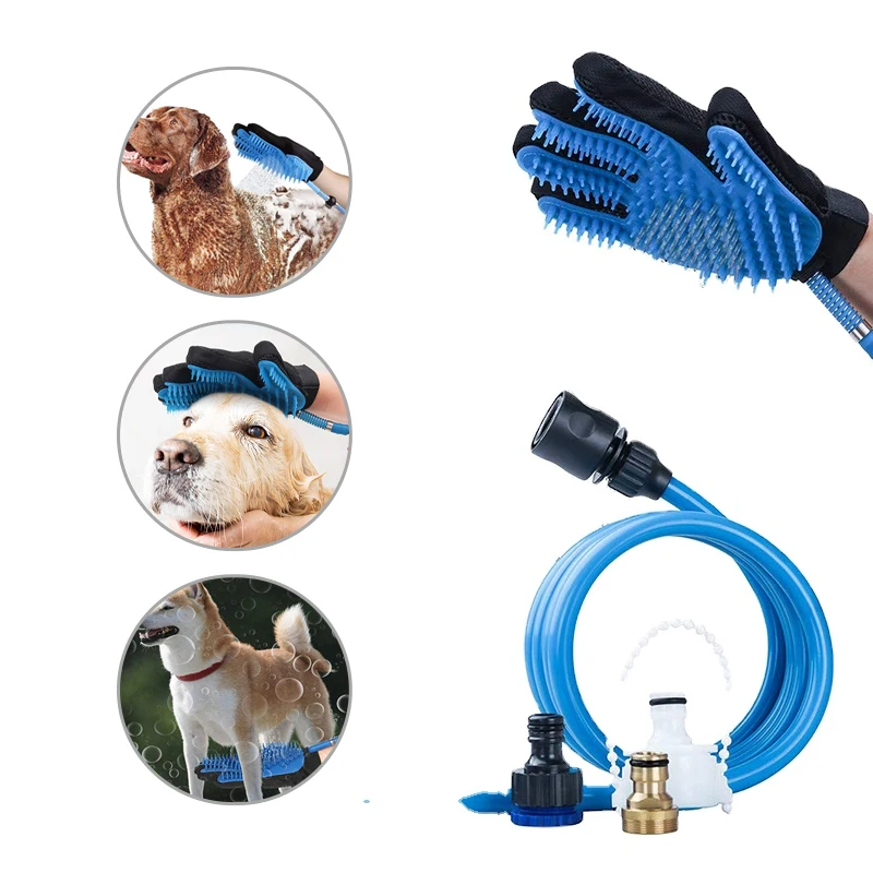 

Set Dog Massage Wash Shower Sprayer Hair Remover Tools Silicone Cat Pet Bath Grooming Glove, Blue
