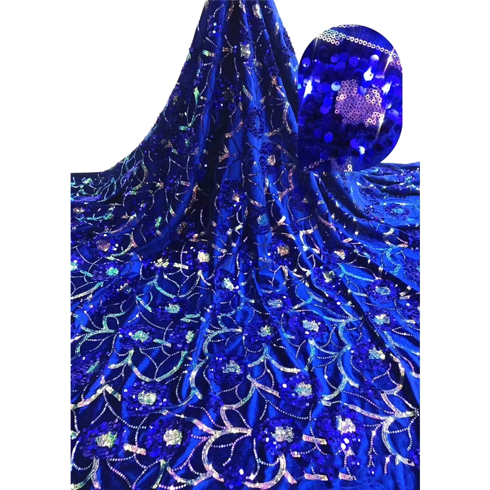 

Beautifical royal blue warm dress winter lace sequin velvet fabric ML7N261, Customized