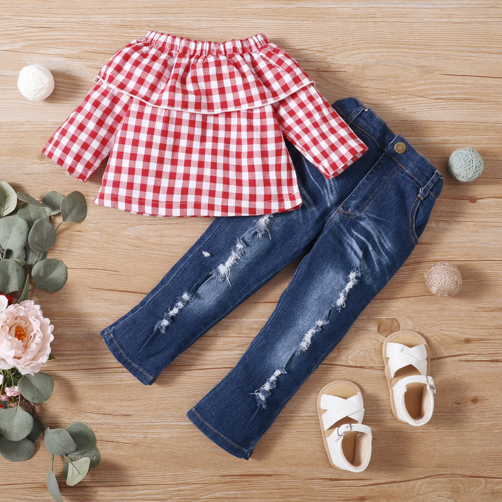 

Boutique Summer Girl's Clothing Sets Plaid Tops+Denim Trousers Summer Girl's Outfits