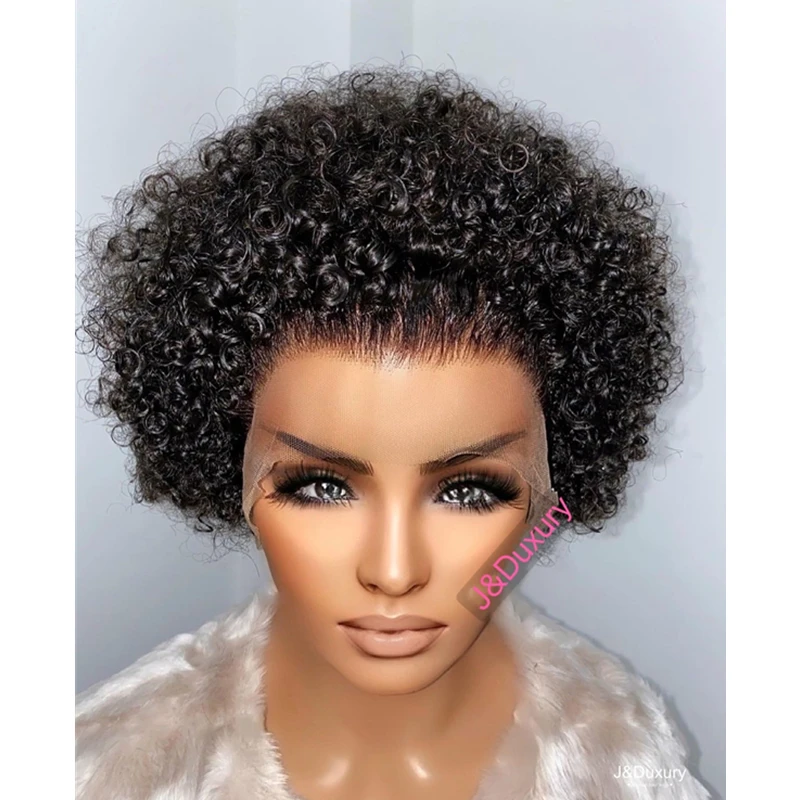 

pixie cut afro kinky curly human hair wigs for black women cheap transparent lace frontal wig human hair lace wigs, Natural color lace wig