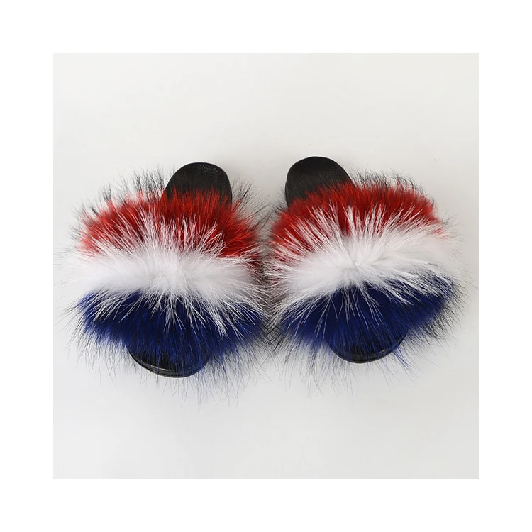 

Latest Technology Pretty And Colorful Raccoon Fur Slippers Fur Slides, Customized color