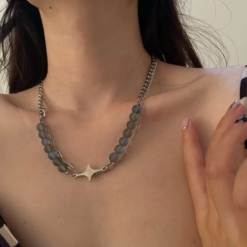 

Personality Titanium Steel Necklace Matte Frosted Reflective Color Changing Bead Chain Necklace Polaris Pendant Necklace, Silver