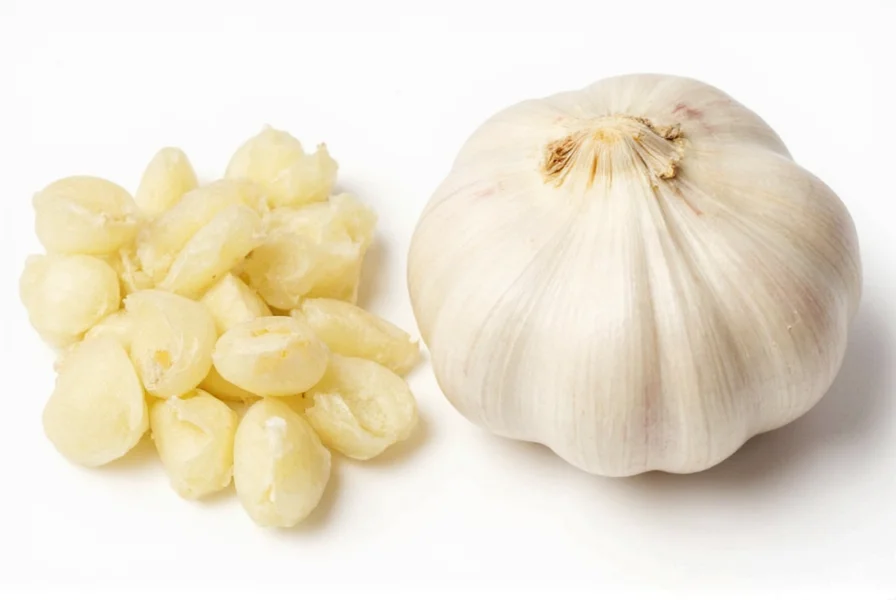 Garlic conversion chart showing cloves to minced measurements with measuring spoons