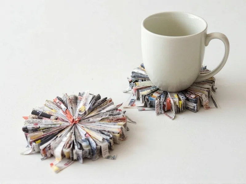 Recycled magazine coasters made from rolled paper strips
