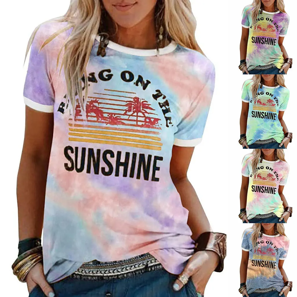 

2021 Factory Made Hot Sale Tie-dye Blouse Coconut Tree Pattern Printing Round Neck Short Sleeve T-shirt Loose T-shirt