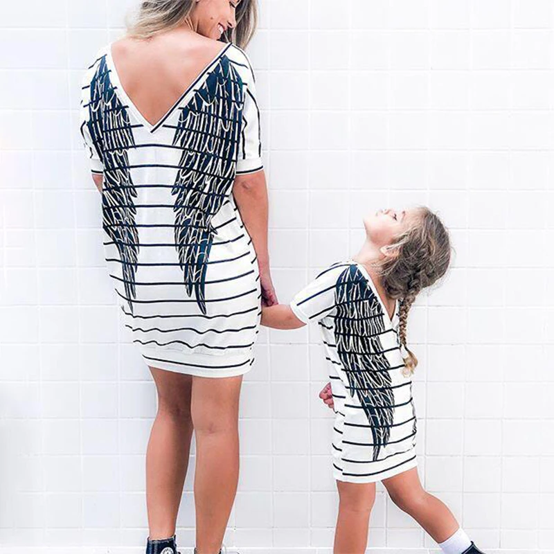 
New Family Matching Outfits Mother&Daughter Dresses Women Baby Girls Striped Wing Cotton Dress Soft Casual Clothes Summer 