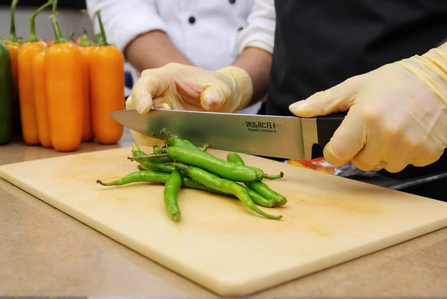 Chef's hands preparing serrano peppers with knife, cutting board, and safety gloves showing proper handling technique