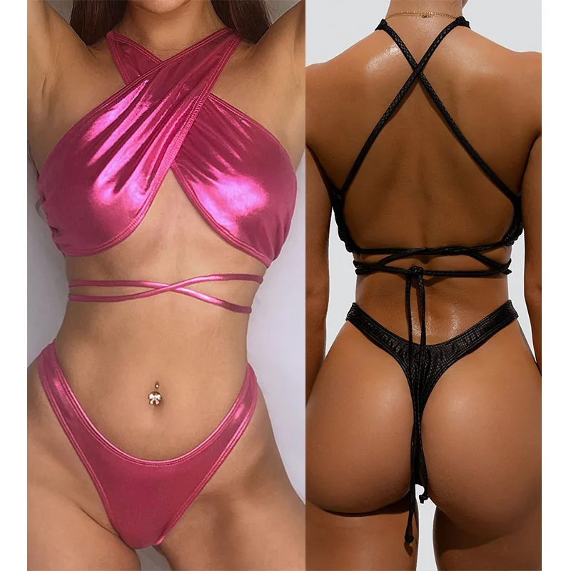 

Free Shipping custom printing two piece plain bikini swimsuits high cut brazilian thong swim wear for women