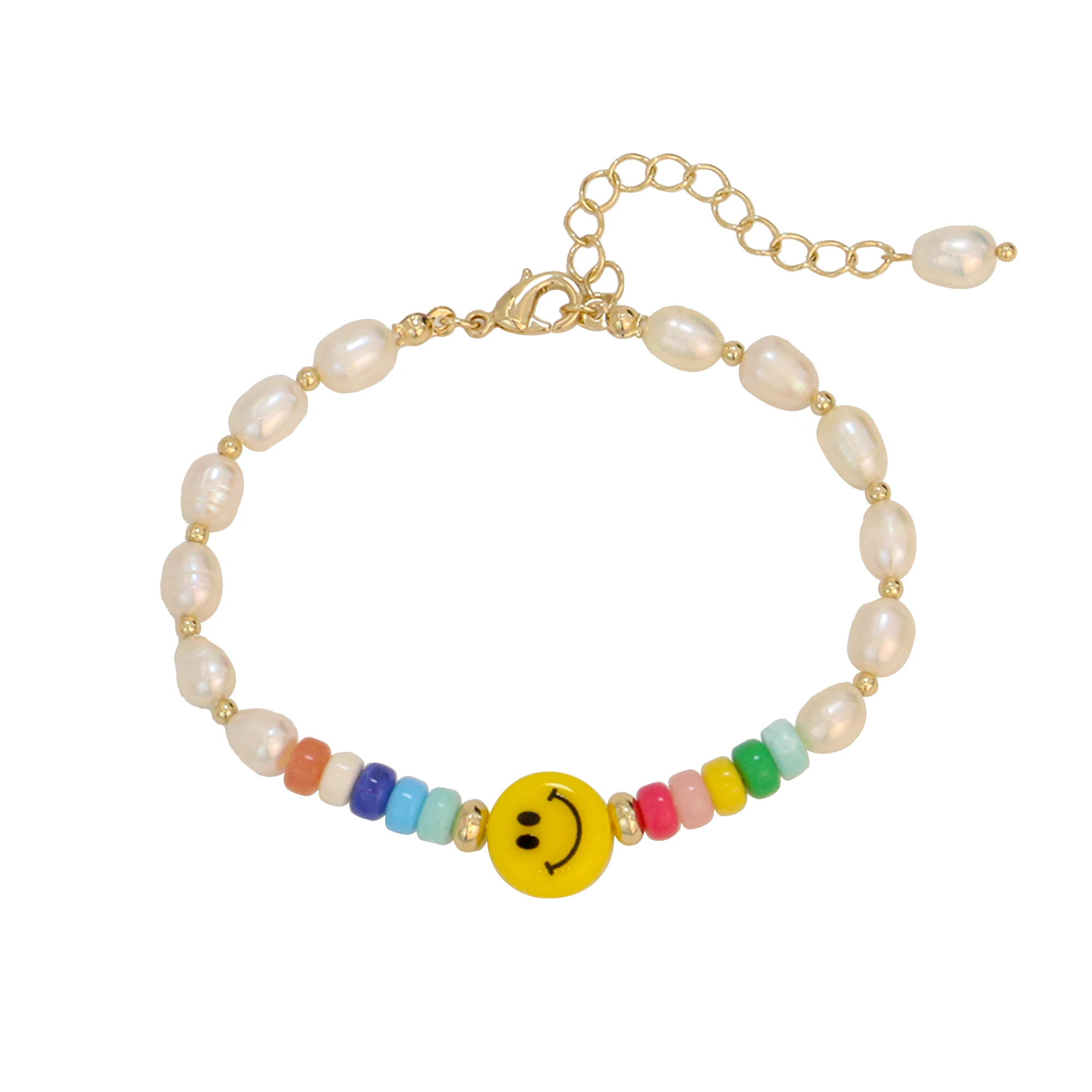 

BXY girls chain cultured charm acrylic simple candy rainbow beads cute smiley freshwater pearl bracelet women