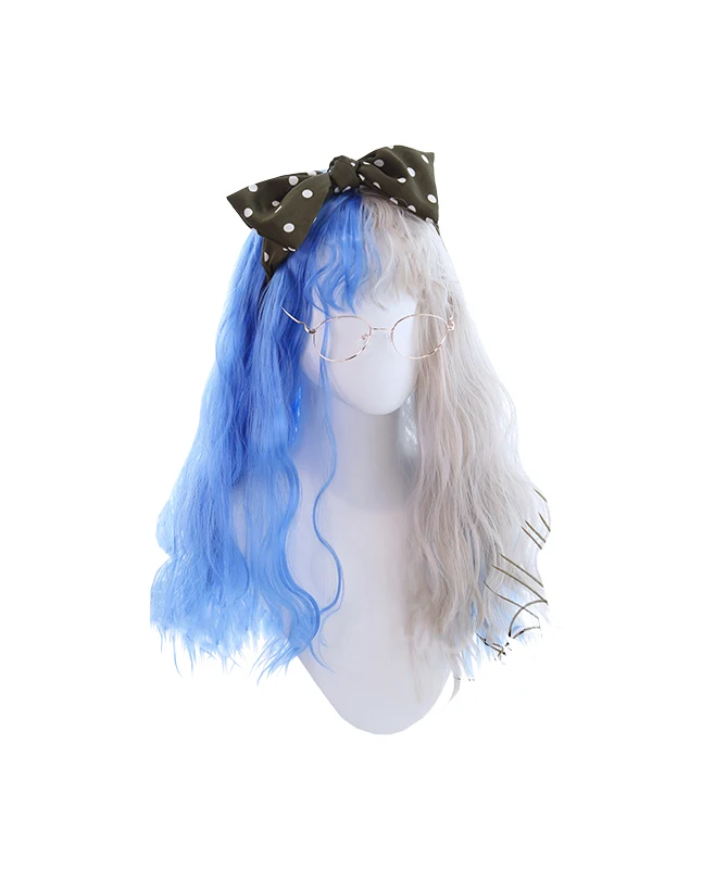 

Silver and Blue Color Bangs Handmade Random Wool Roll Short Bob Wavy Synthetic Hair Lolita Japanese Cosplay Party Sweet Wigs, Pic showed