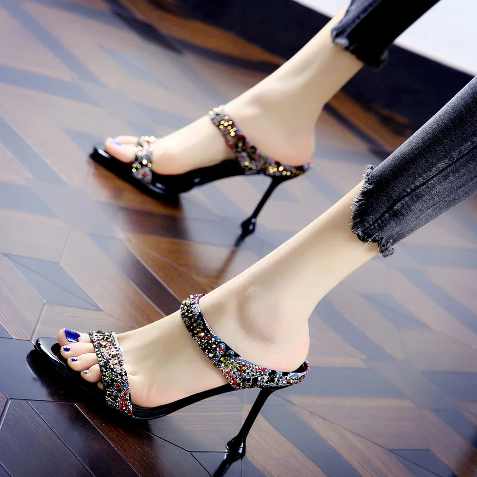 

European and American high-heeled flip flops 2021 summer new rhinestone open toe shoes stiletto ladies sandals, As the pictures show